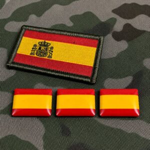 BANDERA DE ESPAÑA: 3 Pegatinas relieve +1 Bandera con velcro para uniforme militar GRATIS (🎁)